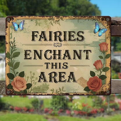 PEACHGARDEN Funny Garden Signs Vintage Metal Tin Sign Enchanted Fairy Wall Art Decor for Garden Patio Yard Plant Room Greenhouse She Shed 12x16 inch