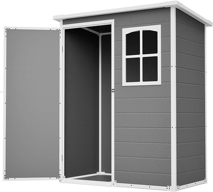 PVWIIK 5x3 ft Resin Outdoor Storage Shed with Floor & Window, Lockable Waterproof All-Weather Utility Shed for Garden Tools & Trash Bins, Gray-White
