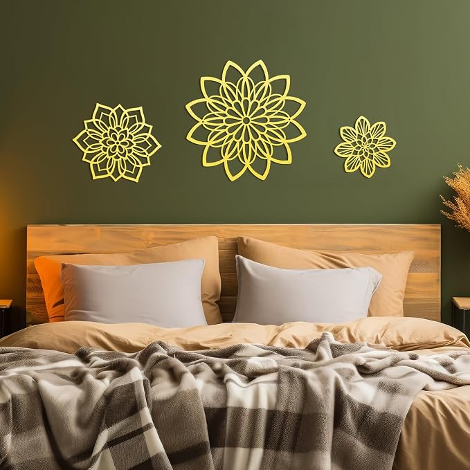 3 Pieces Metal Flowers Wall Decor, Black Wall Decoration Metal, Flower Art Wall Decor Farmhouse Wall Decorations Multiple Flowers Hanging Decor for Bathroom Living Room Home Kitchen Garden Office (Gold Elegant)