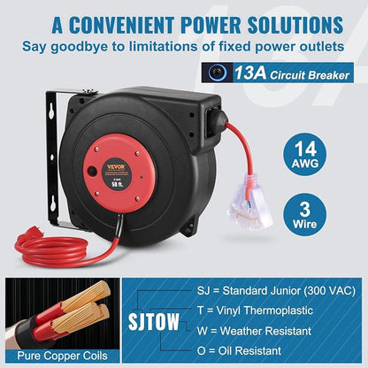 VEVOR Retractable Extension Cord Reel, 50 FT, Heavy Duty 14AWG/3C SJTOW Extension Power Cord with Lighted Triple Tap Outlet, 13A Circuit Breaker 180° Swivel Bracket for Ceiling or Wall Mount, Red