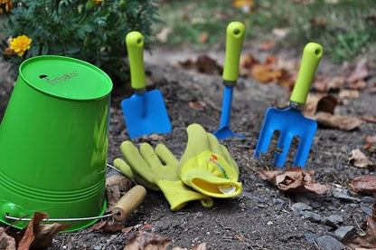 JustForKids Kids Garden Tool Set, 2 Pack STEM Educational Gardening Kit with Wooden-Handle Metal Pails, Plastic-Handle Shovel, Rake & Cultivator, Outdoor Toys & Gift for Toddlers Boys Girls Ages 3-8