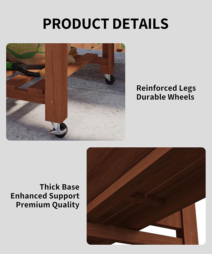 IDEALHOUSE Rolling Elevated Planter Box on Wheels, 48x24x30 Inch Mobile Raised Garden Bed with Locking Casters, Storage Shelf, Wooden Outdoor Planter for Vegetables Flowers Patio Backyard, Oak
