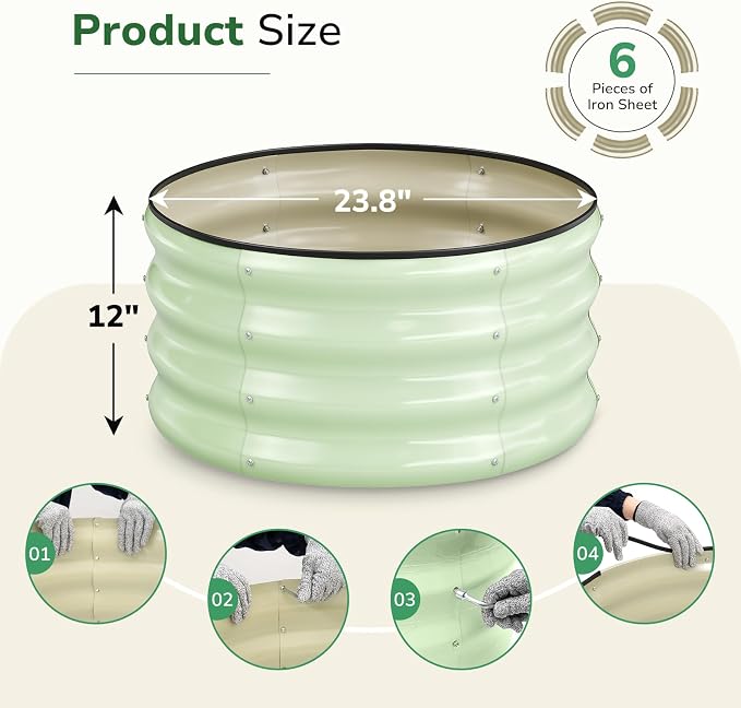GreatBuddy 2x2x1 ft Round Galvanized Raised Garden Bed, Easy-Assembly Raised Bed with Anti-Cut Gloves & Tools, Rust-Proof Garden Bed for Outdoor, Vegetables, Herbs, Small Trees, Green