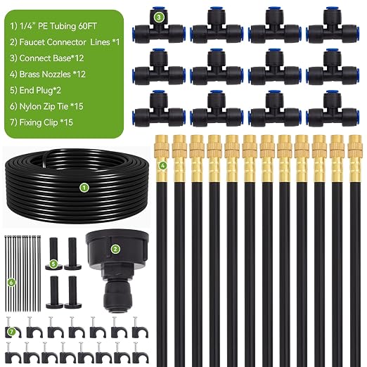 Drip Irrigation System Kit with 12 Pcs Adjustable Brass Nozzles & Bendable Spay Arm, 60ft Garden Watering Misting System for Outdoor Raised Bed, Potted Plant, Yard, Greenhouse