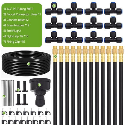 Drip Irrigation System Kit with 12 Pcs Adjustable Brass Nozzles & Bendable Spay Arm, 60ft Garden Watering Misting System for Outdoor Raised Bed, Potted Plant, Yard, Greenhouse