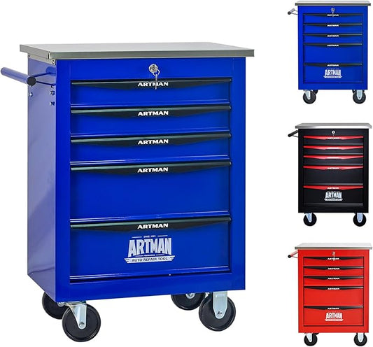 5-Drawer Rolling Tool Chest, Lockable Stainless Worktop for Garage,Blue | Heavy Duty Metal Tool Cabinet with Drawers on Wheels for Warehouse and Workshop Storage