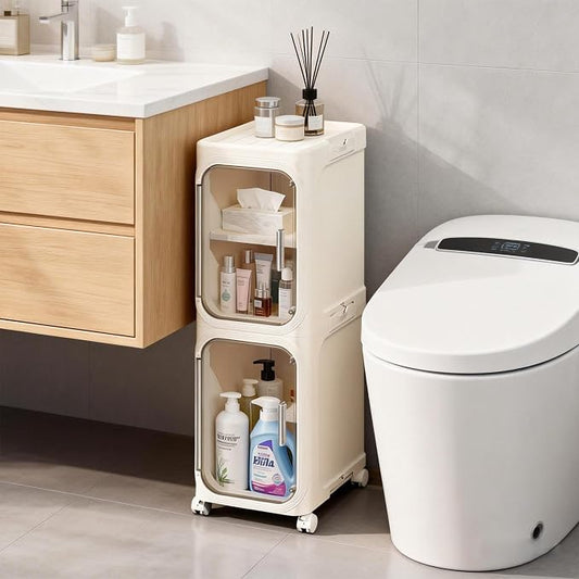 Narrow Storage Cabinet,2-Tier Slim Bathroom Organizer with Wheels,Beige | Turns Unused Narrow Spaces into Organized Storage Slim Outside Spacious Inside Rolls Smoothly Locks Securely Snap Assembly