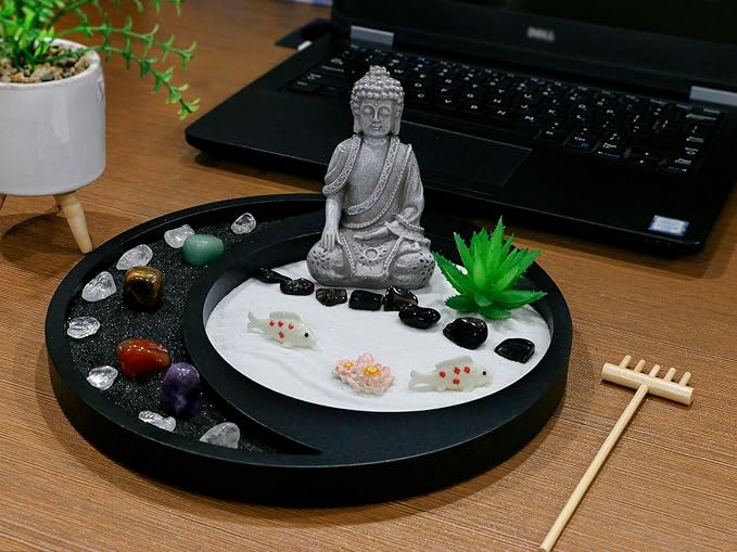 Meditation Buddha Zen Garden Accessories Japanese Desktop Rock Garden with Healing Crystal Stones Shine Altar Sand Tray Therapy Kit Decor Office Home Stress Relief Spiritual Decor Zen Healing Gifts