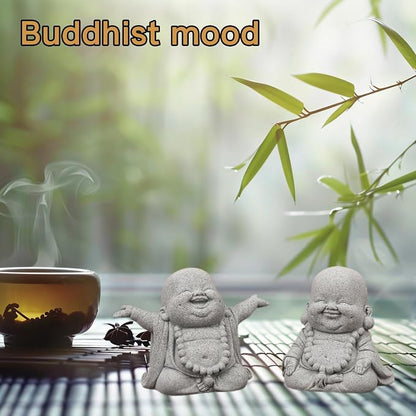 2Pack Buddha Sandstone Statues Zen Monk Buddha Statue Zen Garden Decor Zen Monk Praying Statue Sculptures Ornament for Wealth Good Luck Feng Shui Decor(Laughing Buddha)