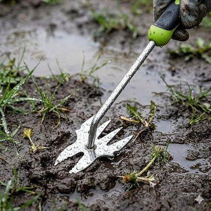 2-in-1 Stainless Steel Hand Weeder, Ergonomic Gardening Tool for Creeping Weeds & Narrow Spaces, Rust-Proof with Four-Tooth Cultivator & Forked Tip (Green)