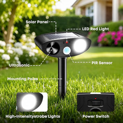 2026 Upgraded Solar Ultrasonic Animal Repeller Outdoor, Sonic Fortress Pro Deer Repellent with Motion, Waterproof,Cat Deterrent for Garden Yard, Squirrel Raccoon Skunk Rabbit Dog Bird (Black, 2-Pack)