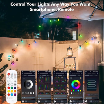 Outdoor String Lights Waterproof Patio Lights 52FT 20 RGBW Dimmable LED Bulbs, APP & Remote Control, Shatterproof Hanging Color Changing Lights for Outside Backyard Party Porch Balcony (52FT)