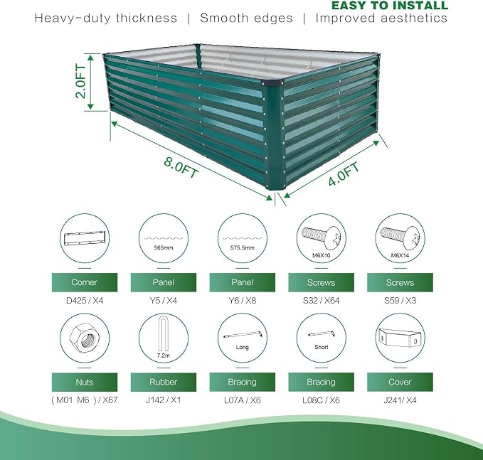 GARDMAX 8x4x2FT Galvanized Raised Garden Bed Kit, Metal Planter Boxes Outdoor with Easy Assembly, Large Garden Bed for Vegetables, Fruits, Flower, Herbs Rectangle Dark Green