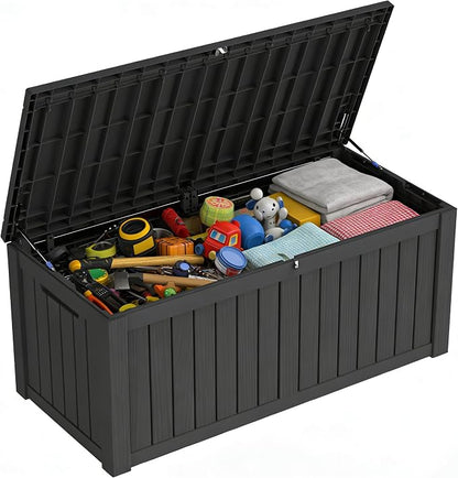 150 Gallon Outdoor Storage Box Resin Deck Box All Weather Waterproof Large Lockable Storage Container Deck Box for Patio Furniture, Garden Tools, Lockable, Black New
