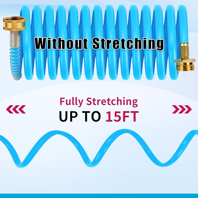 AUTOMAN Coil Garden Hose 15 ft, EVA Curly Water Hose with Brass Connectors, Recoil Garden Water Hose,Includes 7-Pattern Function Sprayer,Retractable,Corrosion Resistant Garden Coil Hose.