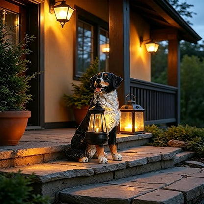 Afirst Dog Garden Statue - Outdoor Decor with Solar Lantern Valentine's Day Gift Lovely Bernese Mountain Dog Figurine Patio Lawn Yard Art Ornaments Housewarming Gift