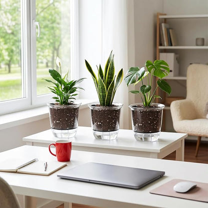Self Watering Pots Set, 5 Pack 5 Inch Self Watering Pots for Indoor Plants, Clear Planter Pot with Deep Reservoir for Spider Plant, Orchid, African Violet (5Pcs Large)