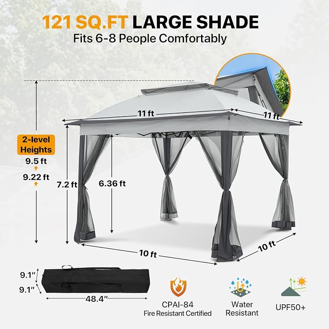 COOS BAY 11x11 Pop Up Gazebo with Mesh Netting, Instant Outdoor Canopy Tent, Water Resistant Shelter with UPF 50+ UV Protection, 121 Sq Ft Coverage, Gray