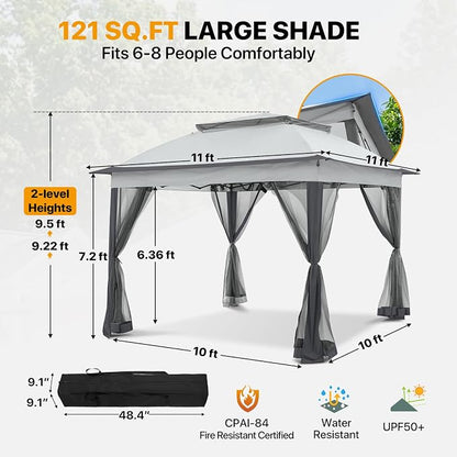 COOS BAY 11x11 Pop Up Gazebo with Mesh Netting, Instant Outdoor Canopy Tent, Water Resistant Shelter with UPF 50+ UV Protection, 121 Sq Ft Coverage, Gray