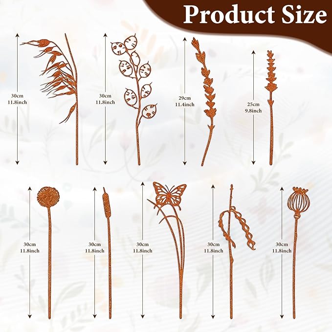 9PCS Metal Garden Stakes Decorative Flower Plant Stakes, Rustic Iron Yard Art Plant Picks for Outdoor Indoor Planters, Succulent Pot Decor, Lawn Patio Garden Ornaments, Gift for Garden Lovers
