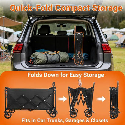 Wagons Carts Foldable, 500 lb 220L Collapsible Wagon with Brakes | Heavy folding wagon for groceries, camping, beach, outdoor hauling; large storage, brake control and compact folding design