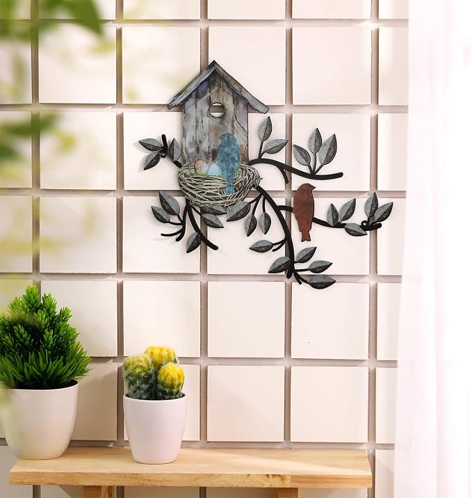 Peryiter Birds Wall Metal Decor Outdoor Art Hanging Metal Tree with Birdhouse for Living Room Tree Leaf Wall Decor for Indoor Outdoor Garden(Brown)
