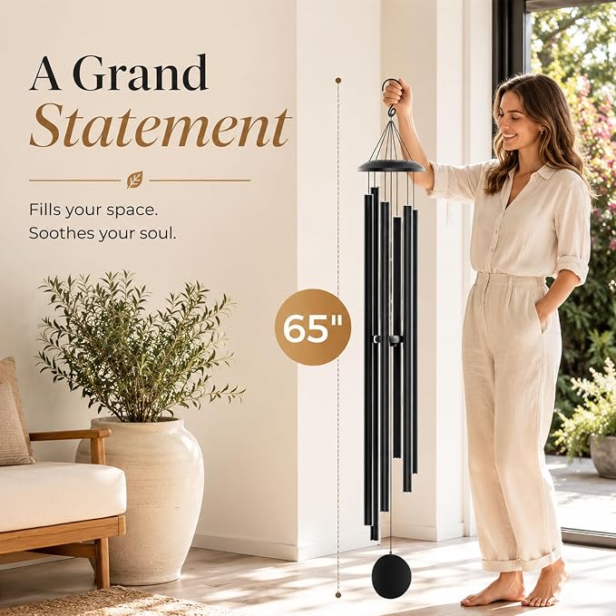 65" Extra Large Wind Chimes for Outside Deep Tone, 6 Extra-Thick Aluminum Tubes for Lasting Resonance, Big Outdoor Wind Chime for Garden Patio Decor, Relaxing Gift for Mom Dad Men Neighbors, Black