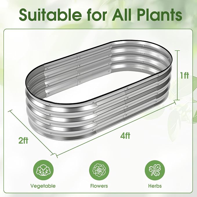 NEWBULIG Galvanized Raised Garden Bed Outdoor, 4x2x1ft 2 Pack Metal Planter Box for Vegetables Flowers Herbs, Heavy-Duty Oval Raised Flower Bed for Gardening, Open Bottom, Easy Assembly, Safe Edges