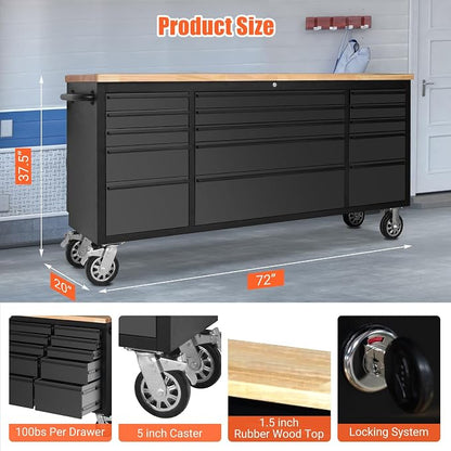 72-Inch Heavy-Duty Rolling Tool Chest & Mobile Workbench with 15 Drawers, Steel Storage Cabinet with Rubber Wood Top, Key Lock, Drawer Liners and Wheels for Garage, Workshop, Black
