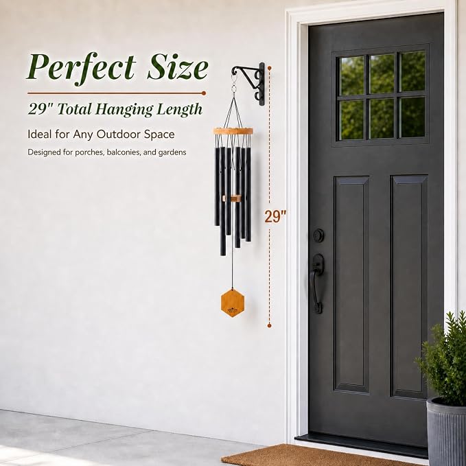 Black Wind Chimes for Outside, 29 Inch Hand Tuned G Major Pentatonic Wind Chime, Memorial Sympathy Gift for Loss of Loved One, Deep Tone Aluminum Bamboo Garden Patio Porch Decor