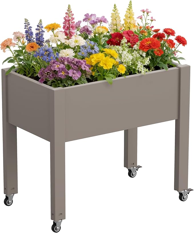Fancyango Raised Garden Bed with Wheels 26.3" H -Gray | Resin Elevated Garden Planter Box with Drainage, Outdoor Planter Box for Veggies Herbs Patio Balcony Backyard