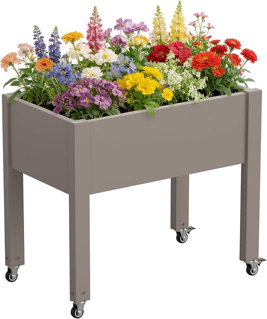 Fancyango Raised Garden Bed with Wheels 26.3" H -Gray | Resin Elevated Garden Planter Box with Drainage, Outdoor Planter Box for Veggies Herbs Patio Balcony Backyard