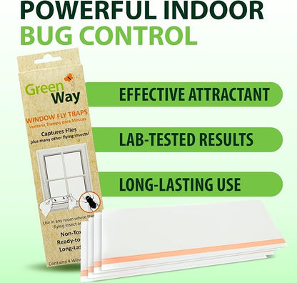 Greenway Window Fly Traps, Sticky Traps for Gnats and Flies, Non-Toxic Fly Control, Safe for Kids and Pets, Perfect for Indoor Use, 1 Pack (Includes 4 Traps)