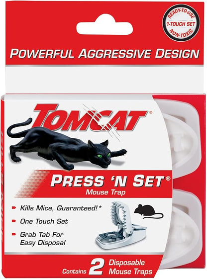 Tomcat Press 'N Set Mouse Trap, 4-Pack (8 Traps) | Plastic Spring-Loaded Mouse Killer with Grab Tab, 4 Packages Each with 2 Traps