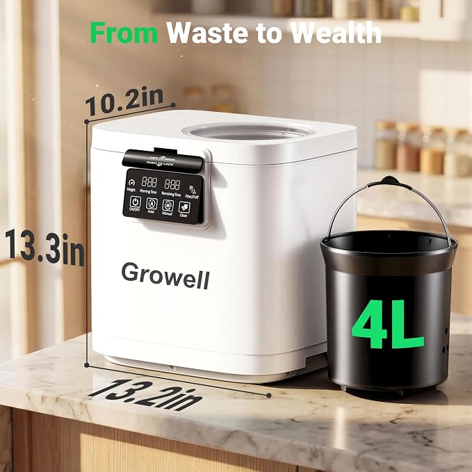 Growell 4L Electric Composter for Kitchen, Smart Countertop Compost Bin with Visible Window,Odorless & Low Noise, Auto-Cleaning,Turn Food Waste into Fertilizer, Food Waste Compost Indoor Machine