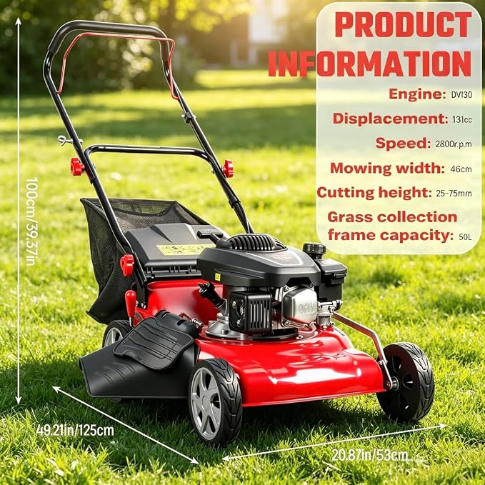 18" Self Propelled Gas Lawn Mower, 131cc DV Engine | 8 Cutting Heights | Push Walk-Behind Mower for Yard, 3-in-1 Mulching, Side Discharge & Rear Bag for Garden Landscaping