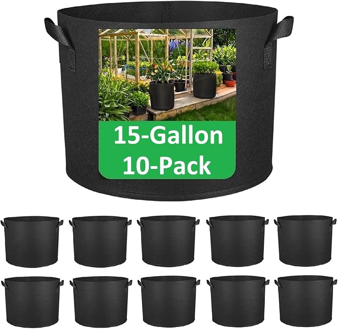 ANSLYQA 15-Gallon Grow Bags, (10 Pack) Thickened Aeration Fabric Growing Pots Planters with Handles for Planting Vegetables Plants, Black