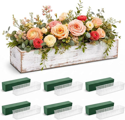 Dandat 6 Set Wood Boxes for Centerpieces 12x4 Inch Rectangle Wooden Planter Box Rustic Wooden Planters with Removable Plastic Liner Floral Foam Blocks for Christmas Wedding Home Garden Decor(White)