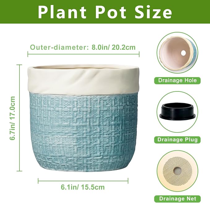 Ceramic Planter - 8 Inch Plant Pot for Indoor Outdoor Plants, Boho Planters with Drainage Hole and Plug, Round Decorative Flower Pots, Garden Home Office Decor, Plant Lover Gifts, Blue