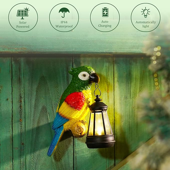 Colorful Parrot Garden Decor, Hanging Tree Ornament with Lantern Accent, Outdoor Yard Art for Patios and Lawns, Unique Gift for Garden Lovers