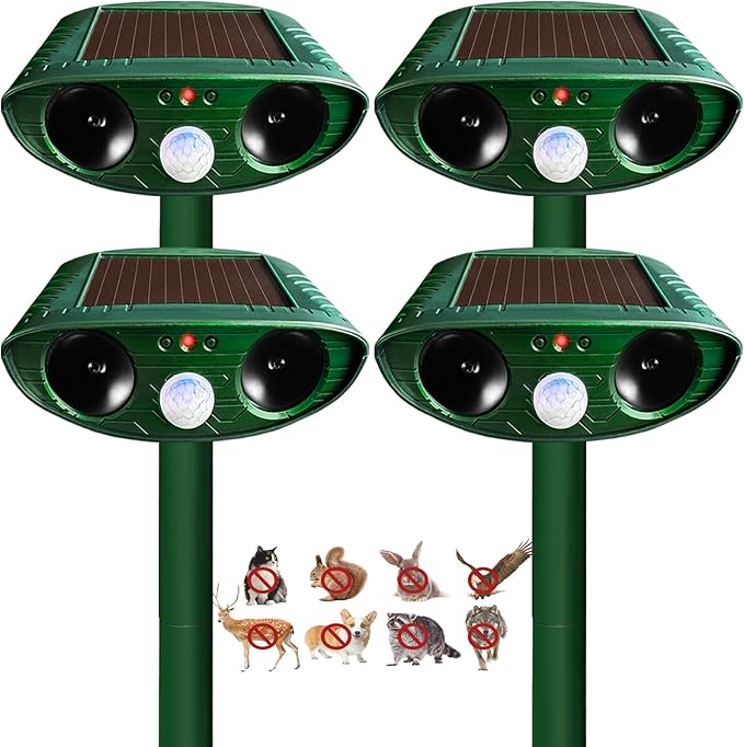 4 Pack Solar Ultrasonic Animal Repellent Outdoor, Cat Deterrent, Squirrel Repellent, Motion Activated Deer Repellent Devices for Squirrel Rabbit Skunk Raccoon Dog Cat Deer Fox Coyote Bird for Garden