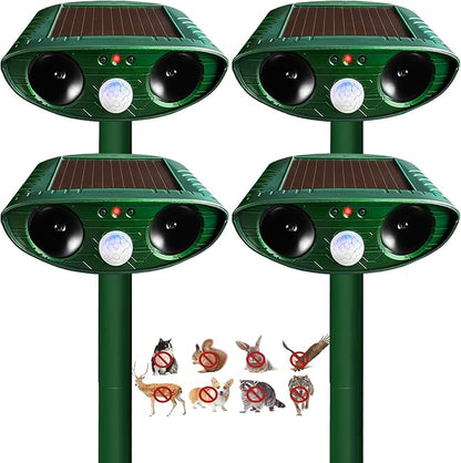 4 Pack Solar Ultrasonic Animal Repellent Outdoor, Cat Deterrent, Squirrel Repellent, Motion Activated Deer Repellent Devices for Squirrel Rabbit Skunk Raccoon Dog Cat Deer Fox Coyote Bird for Garden