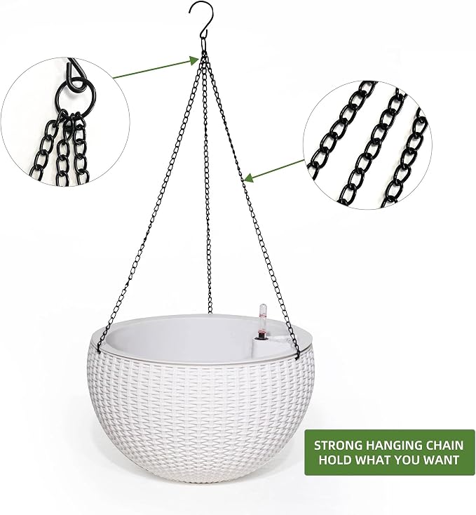 Dexceder 9 Inch Self Watering Hanging Planter (White) | Thickened Hanging Basket Flower Plant Pot with Water Level Indicator Indoor Outdoor