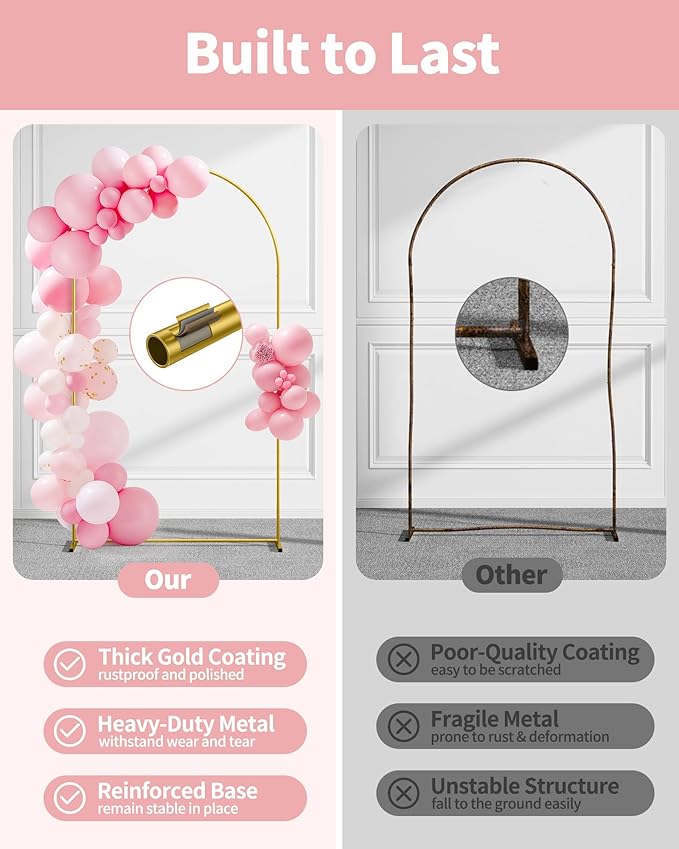 Pureegg Metal Arch Backdrop Stand Set - Set of 2 (7.2ft/6.6ft), Gold Wedding Stand with Stable Base, Elegant Backdrop Cover for Party, Birthday, Baby Shower, Graduation, Easy to Assemble