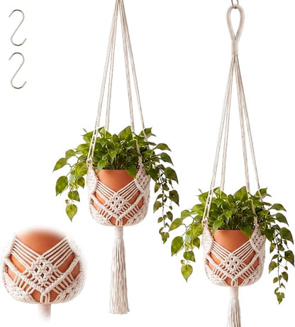 Shappy 2 Pack Boho Macrame Plant Hanger, Large Hanging Planter Plant Holder Pot Hanger Hanging Basket Wall Planters, Plants Lover Gift for Indoor Garden (Classic, White)