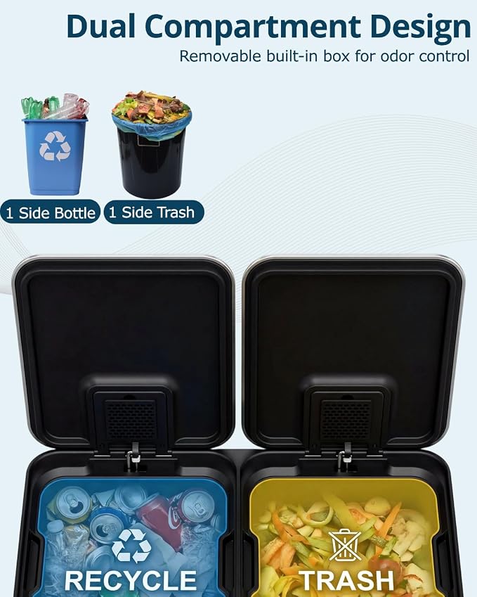 2 x 40L (2 x 10.6 Gallon) Dual Compartment Trash Can, Stainless Steel Kitchen Step Garbage Bin with Soft-Close Lid, Fingerprint-Resistant, Removable Inner Buckets for Waste Sorting,Home,Office