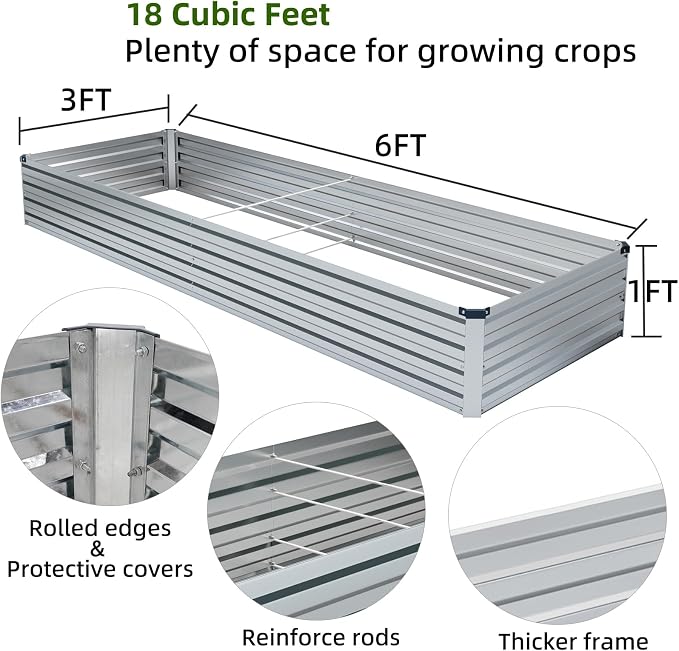 Meberam 2 Pack 6x3x1FT Galvanized Raised Garden Bed Kit, Outdoor Metal Planter Box for Vegetables, Bottomless Rectangular Gardening Bed with Support Rods, Tool-Free Assembly, Silver