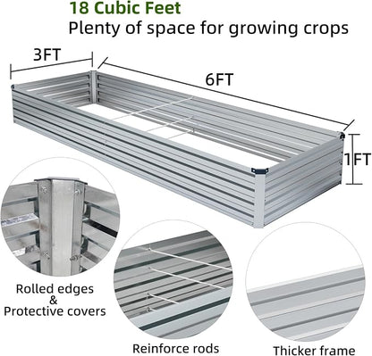 Meberam 2 Pack 6x3x1FT Galvanized Raised Garden Bed Kit, Outdoor Metal Planter Box for Vegetables, Bottomless Rectangular Gardening Bed with Support Rods, Tool-Free Assembly, Silver