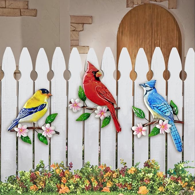 Limygus 3 Piece Metal Birds on Branch Wall Art, Floral Indoor Outdoor Hanging Decor for Garden Fence Courtyard