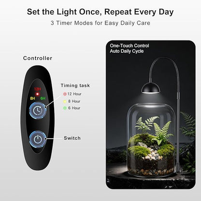 Glass Plant Terrarium with LED Grow Light, Adjustable Ventilation Desktop Indoor Planter for Venus Fly Trap, Moss & Succulents, 8.2" Borosilicate Mini Greenhouse for Home Office Decor